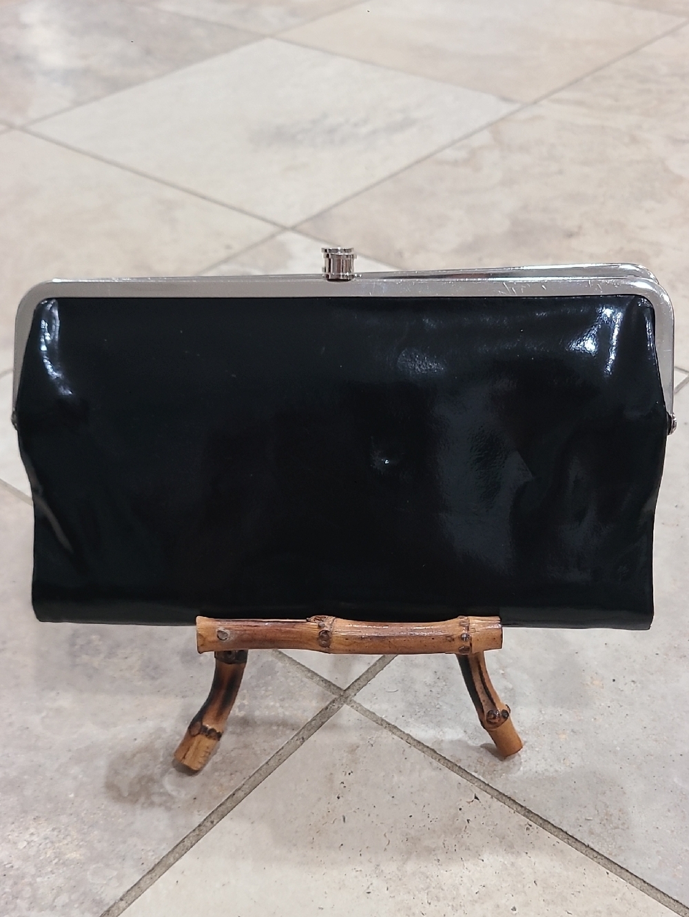 HOBO Black Patent Clutch with Silver Frame